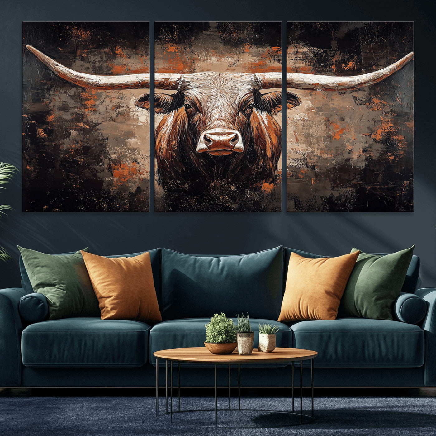 Rustic Longhorn Bull Wall Art Canvas Print – Vintage Western Cattle Painting, Texas Steer Artwork for Ranch, Farmhouse or Cowboy Decor