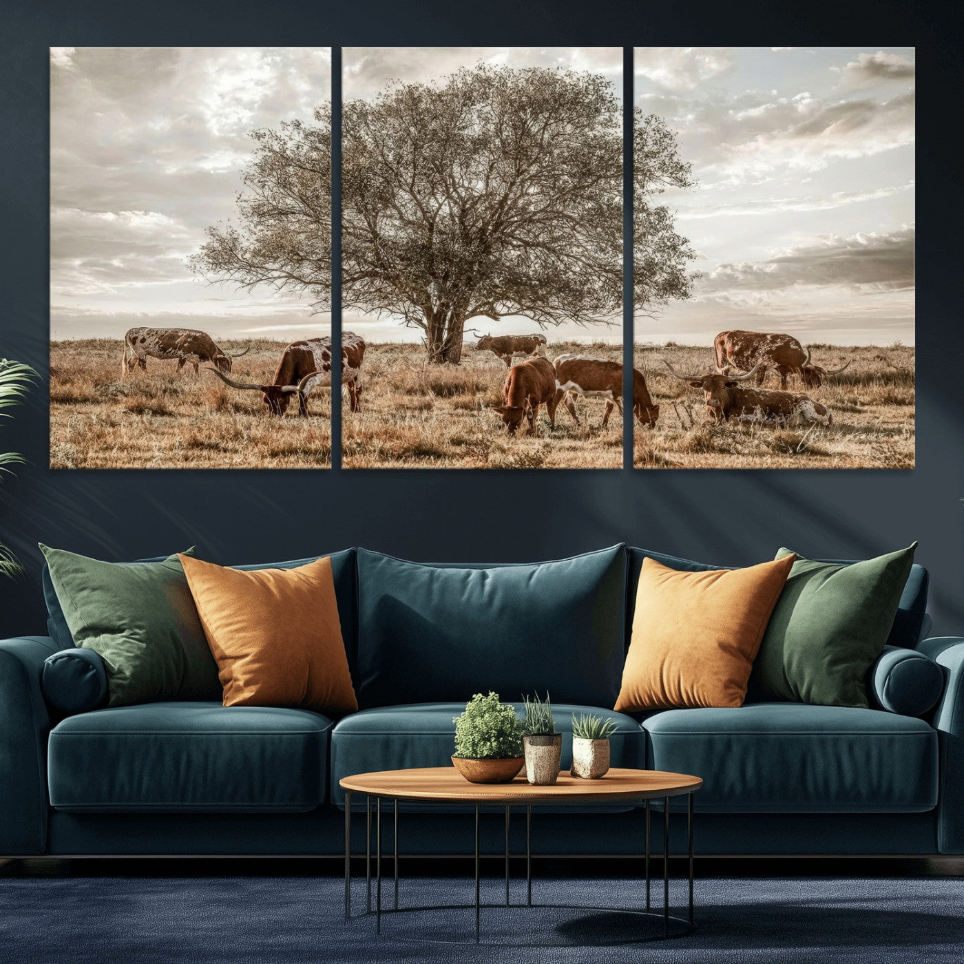 87590224-MGV-CV-36X24 - Texas Longhorn Cattle Wall Art Canvas Print – Rustic Western Ranch Scene with Steers at Sunset, Perfect for Farmhouse or Cowboy Decor