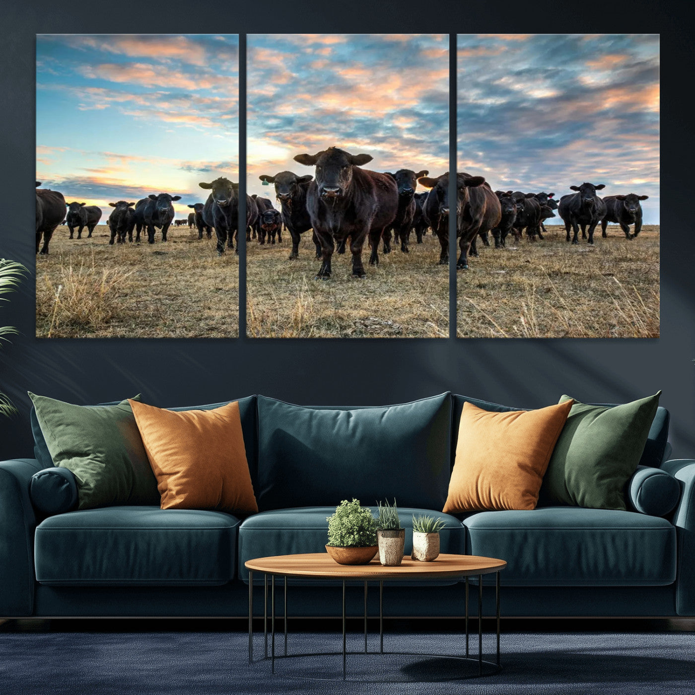 MGV-CV-60X30-3P - Texas Longhorn Cattle Wall Art Canvas Print – Rustic Western Ranch Scene with Steers at Sunset,