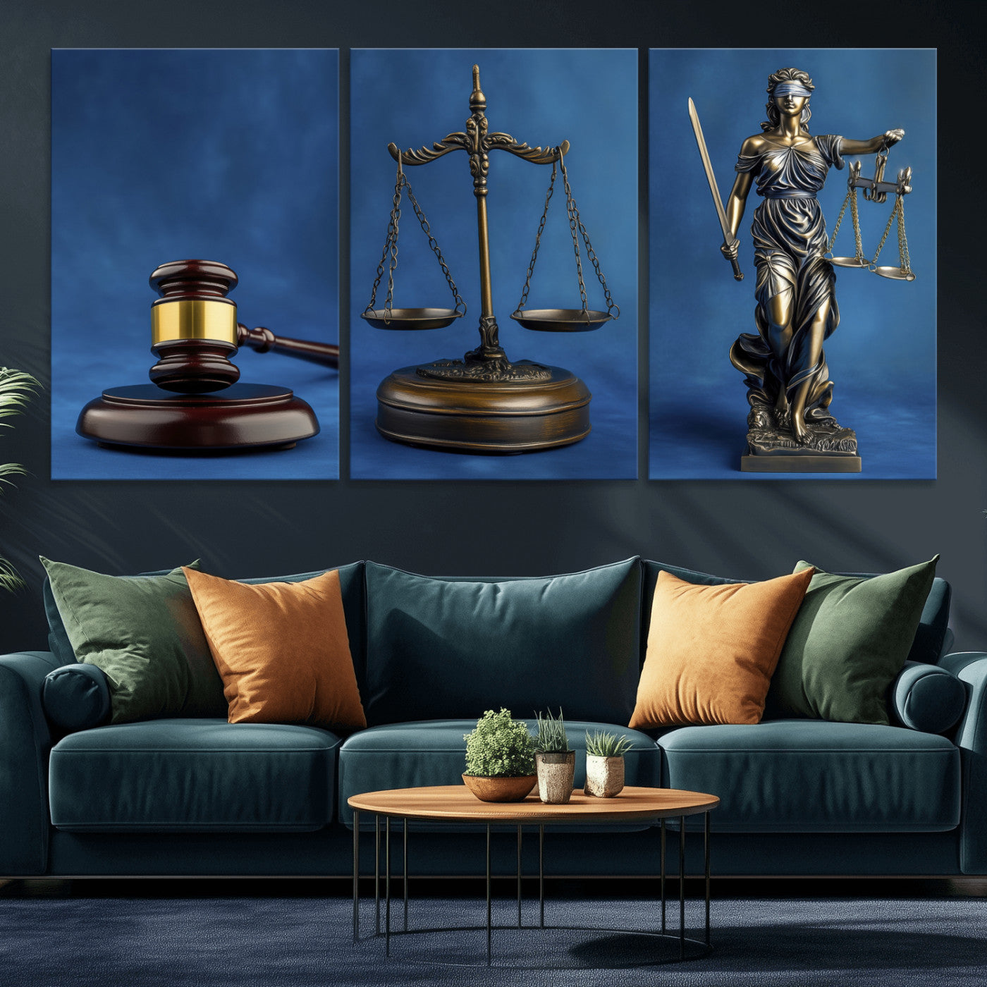 27565987-MGV-CV-60X30-3P - Legal Justice Wall Art Canvas – Gavel, Scales & Lady Justice with Courtroom Canvas Print for Law Office or Lawyer Gifts