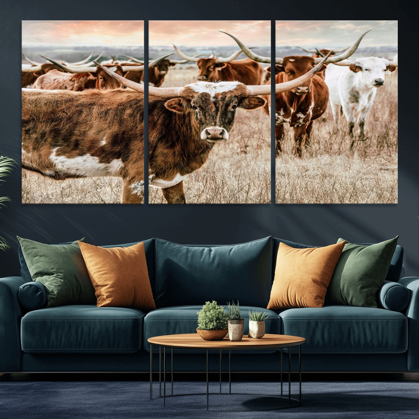 MGV-CV-60X30-3P - Texas Longhorn Cattle Wall Art Canvas Print – Rustic Western Ranch Scene with Steers at Sunset,