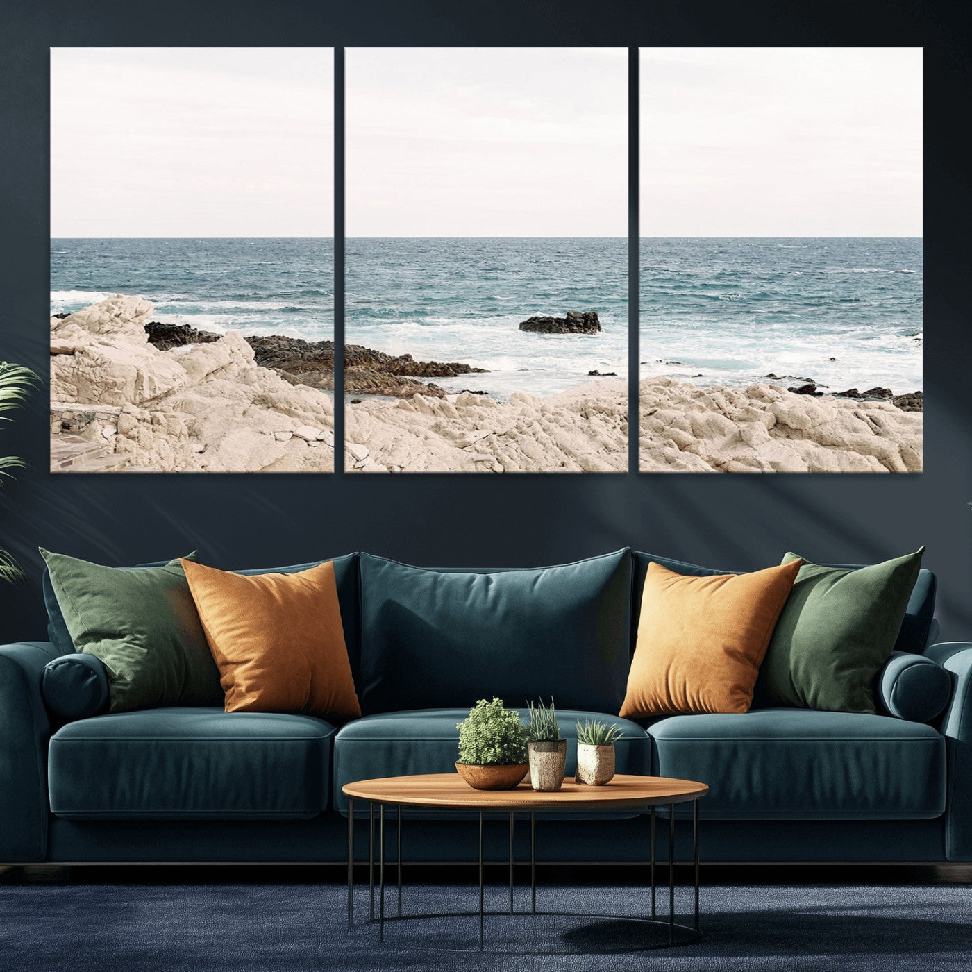 Coastal Ocean View Wall Art Canvas Print – Serene Rocky Shoreline and Blue Sea Photography for Coastal Chic or Minimalist Home Decor