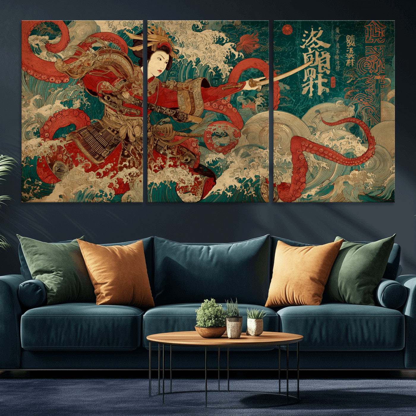 MGV-CV-60X30-3P - Tsukioka Yoshitoshi Samurai Wall Art Print, Japanese Katana Warrior Canvas Wall Art, Octopus Sea Monster Canvas Print,