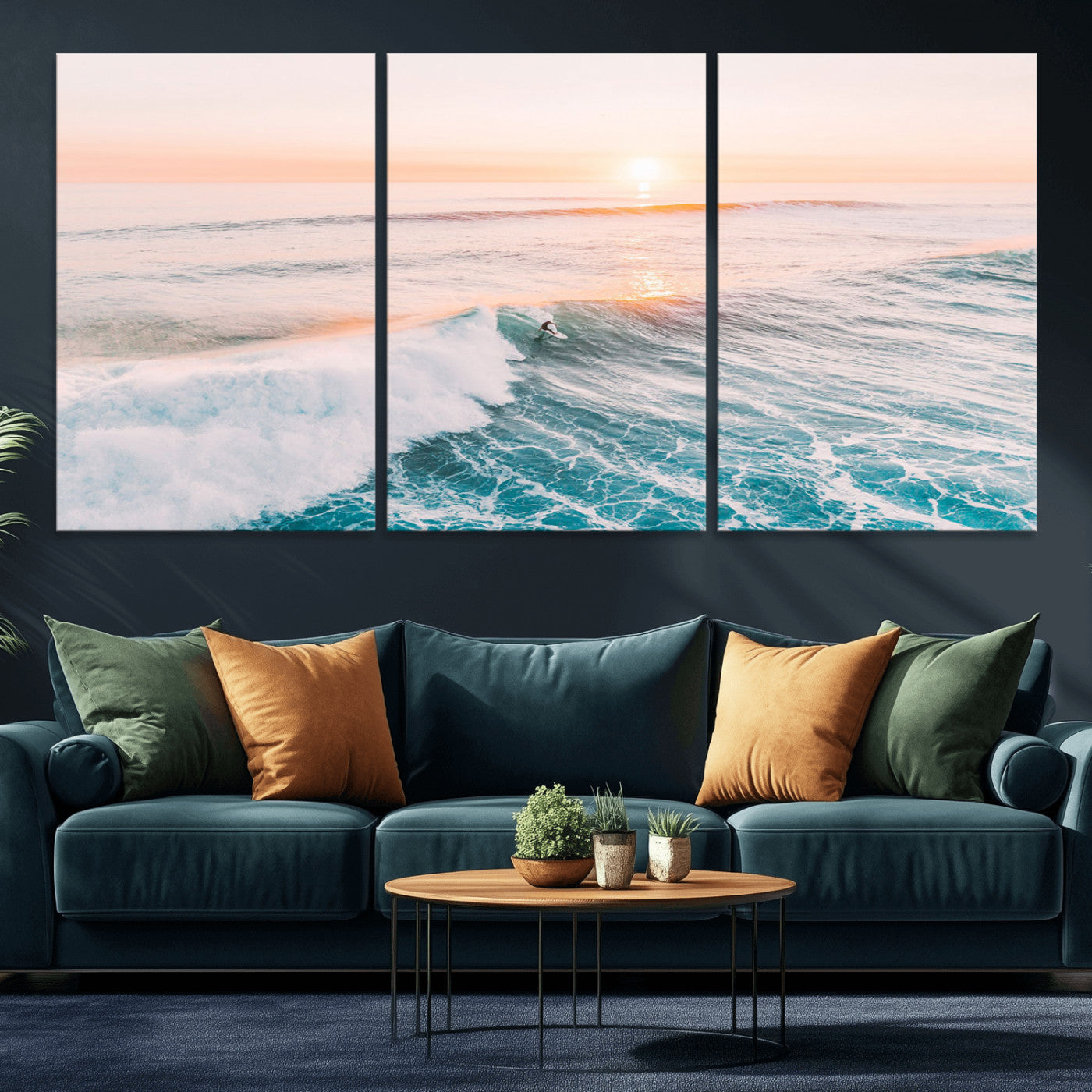 34064591-MGV-CV-36X24 - Sunset Surfing Wall Art Canvas Print, Ocean Wave Surfer with Golden Sky Artwork for Home, Office, Living Room