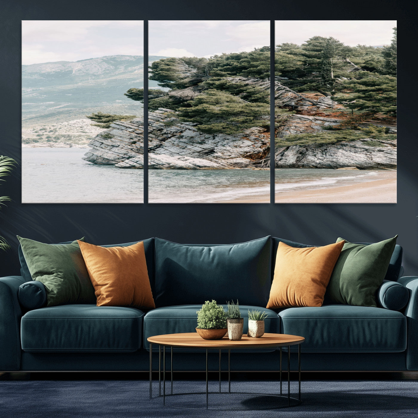 MGV-CV-60X30-3P - Coastal Rock Canvas Wall Art Print, Scenic Beach Landscape, Pine Trees on Rocky Cliff, Large Nature