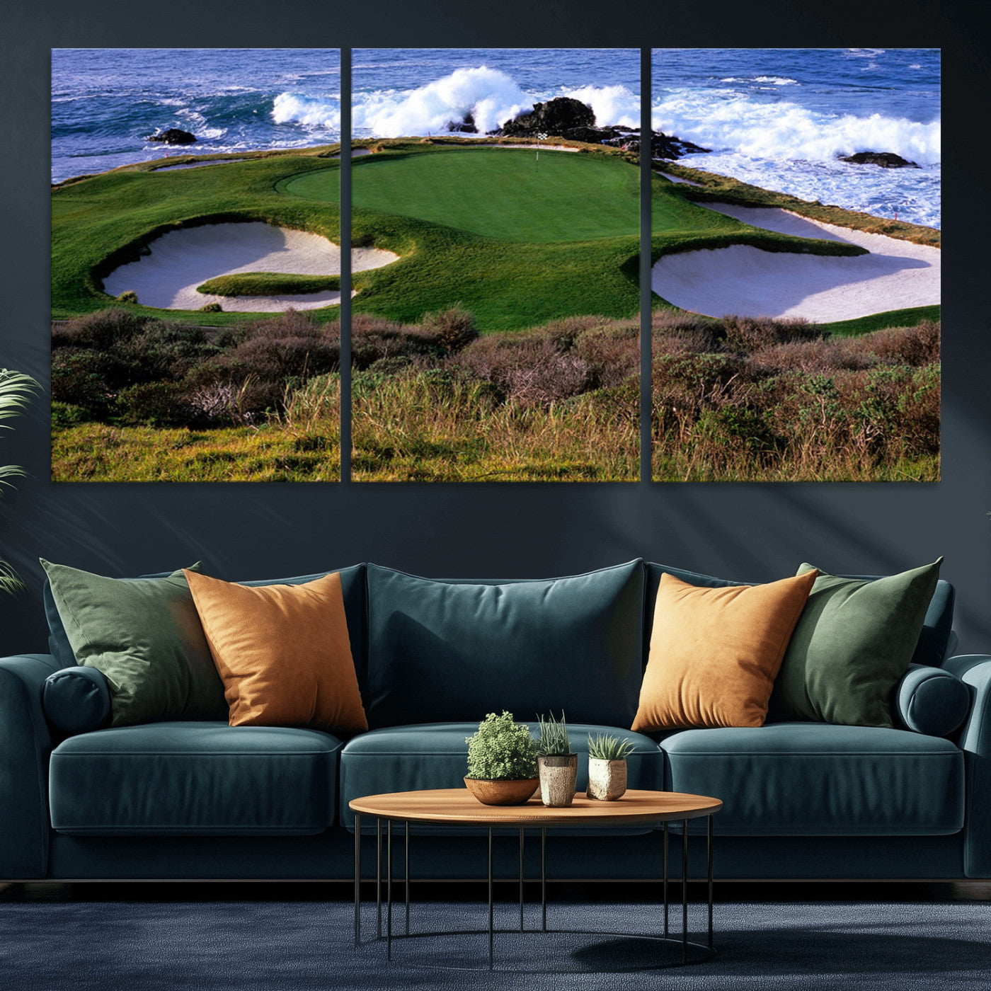 22776914-MGV-CV-60X30-3P-Ocean Cliff Golf Green Canvas Print – Framed Majestic Coastal Scene with Lush Green Artwork for Home, Office