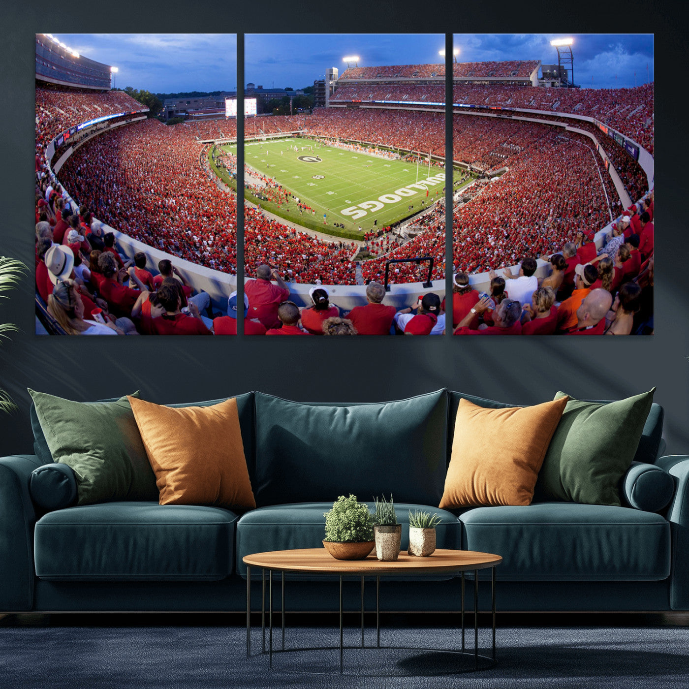 10244378-MGV-CV-48X32-3P-Dooley Stadium Wall Art Print, Sports Arena Canvas Wall Art, Dooley Field at Sanford Stadium Canvas Print, Modern Athletic Field Art Printing