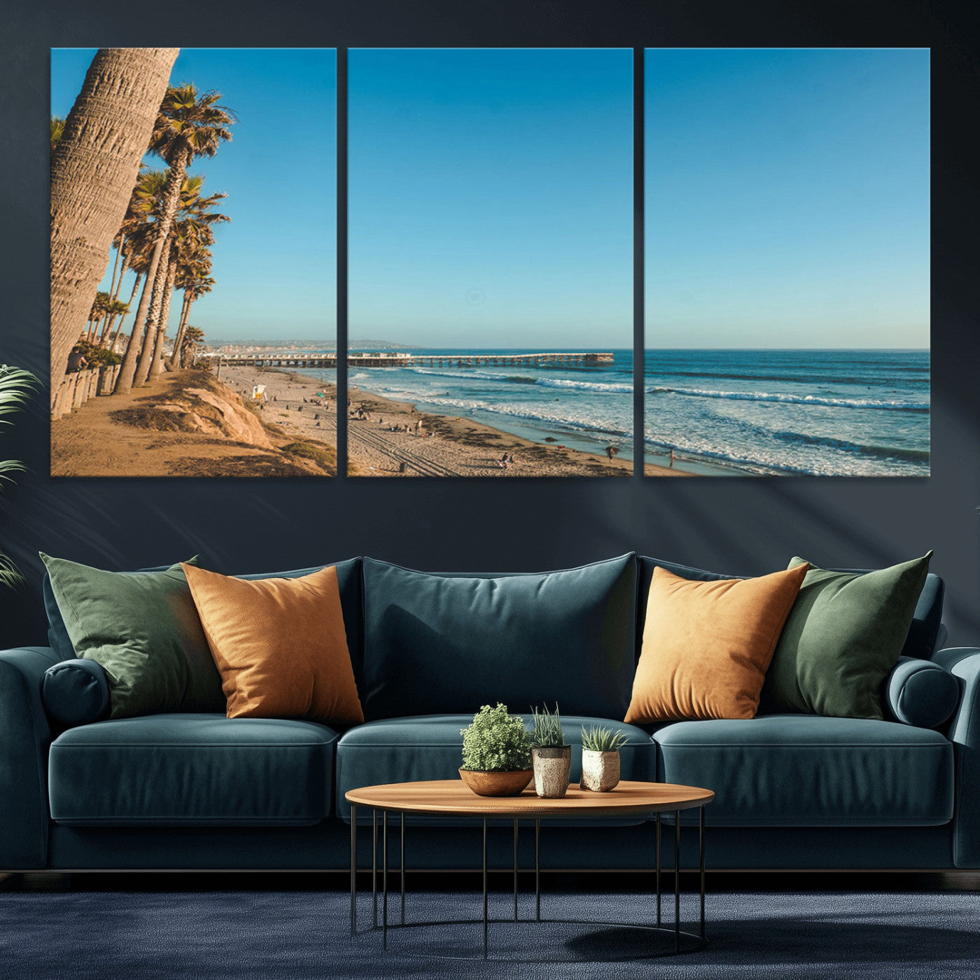 MGV-CV-60X30-3P - Scenic Beach with Tall Palm Trees, Sandy Shore, and Long Pier Stretching into the Calm Ocean Under