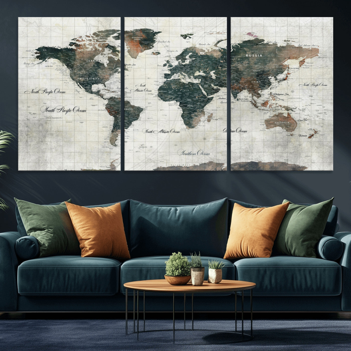 90149079-MGV-CV-60X30-3P - World Map Wall Art Canvas Print, Modern Decorative Framed Map Artwork Prints for Living Room, Office, Bedroom Wall Decor
