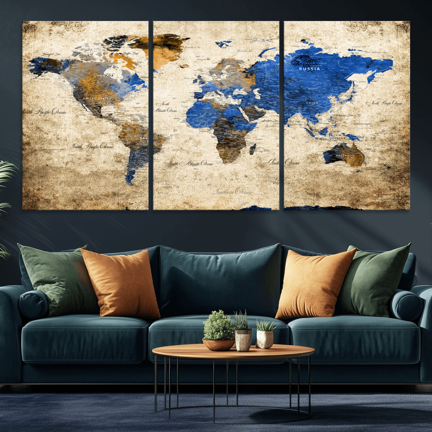13564339-MGV-CV-60X30-3P - World Map Wall Art Canvas Print, Modern Decorative Framed Map Artwork Prints for Living Room, Office, Bedroom Wall Decor