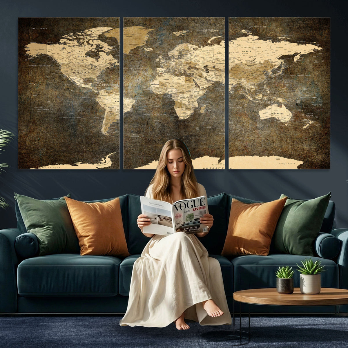 89742472-MGV-CV-36X24 - Large Framed Vintage World Map Wall Art Print for Home Wall