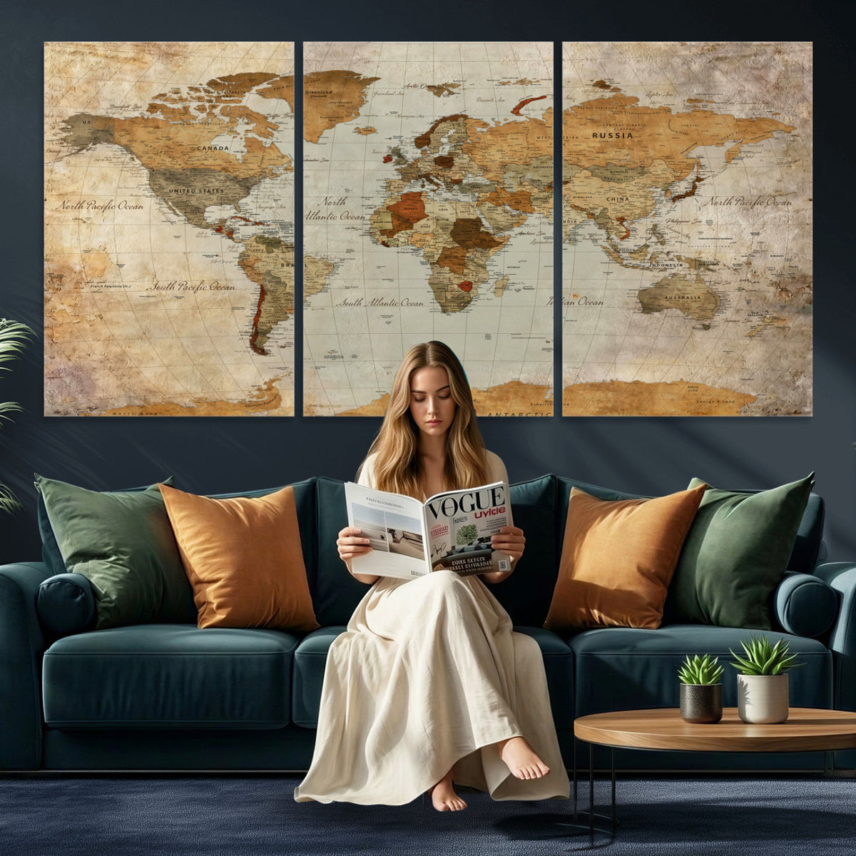 74176056-MGV-CV-36X24 - World Map Wall Art Canvas Print, Modern Decorative Framed Map Artwork Prints for Living Room, Office, Bedroom Wall Decor