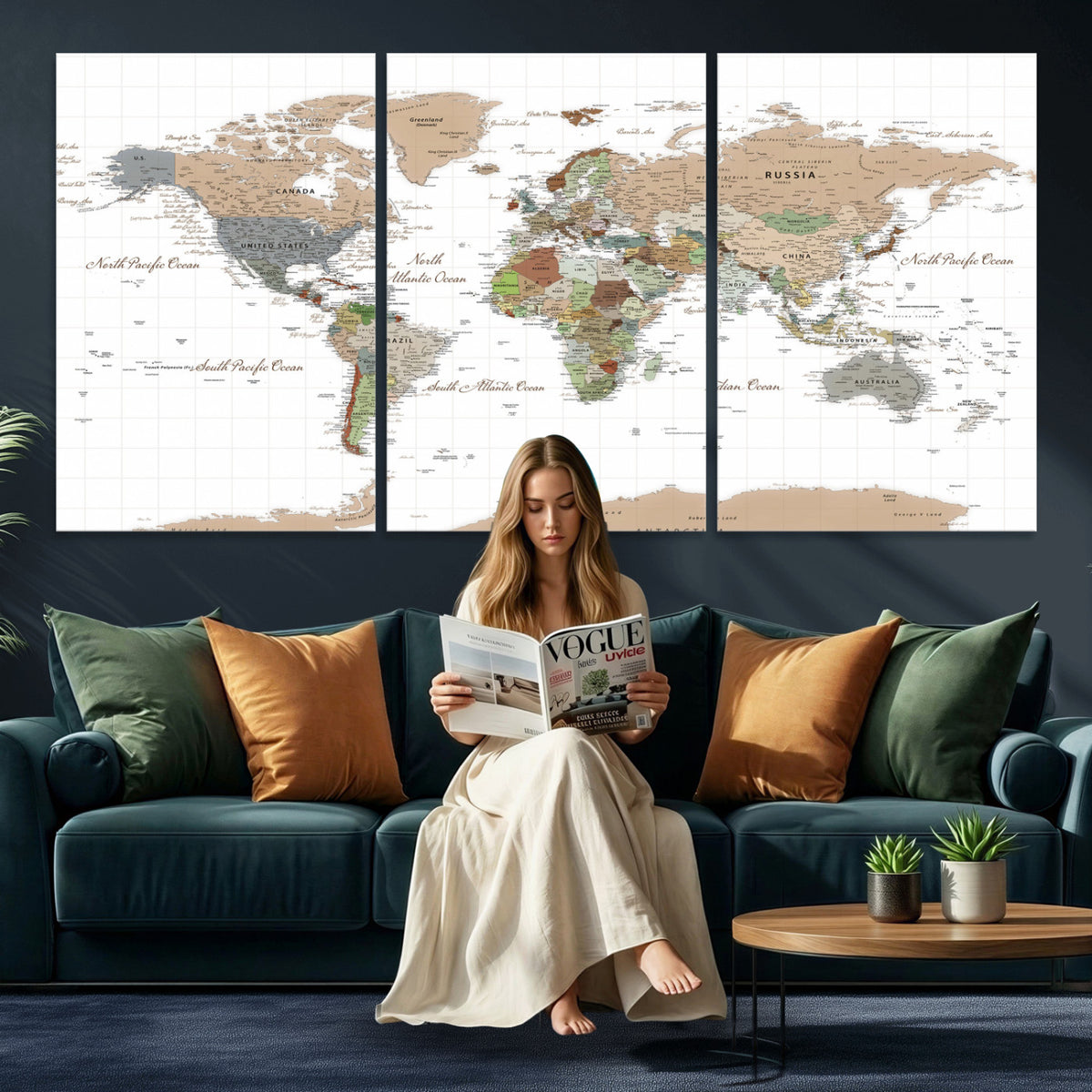 91286788-MGV-CV-36X24 - World Map Wall Art Canvas Print, Modern Decorative Framed Map Artwork Prints for Living Room, Office, Bedroom Wall Decor