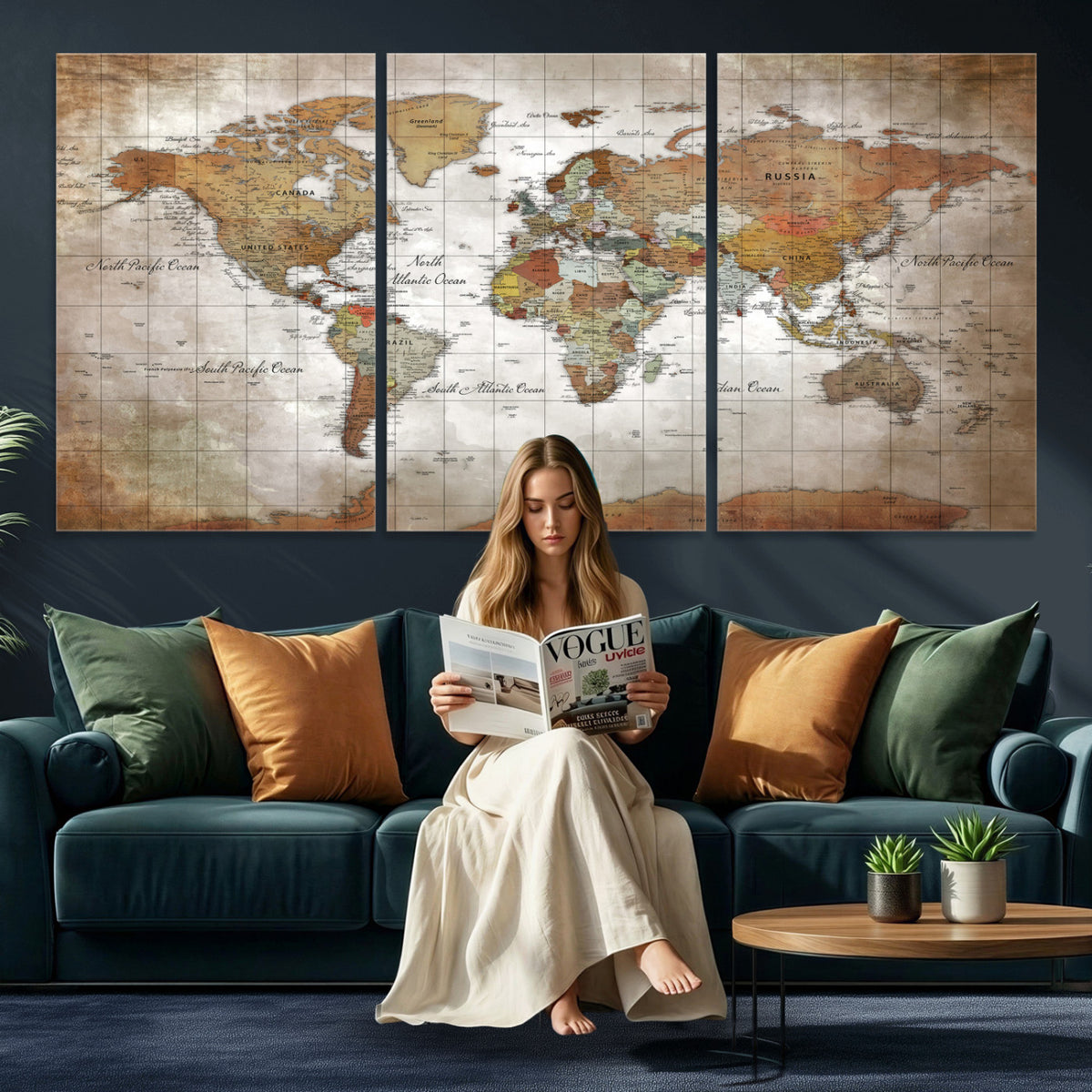 51643807-MGV-CV-36X24 - World Map Wall Art Canvas Print, Modern Decorative Framed Map Artwork Prints for Living Room, Office, Bedroom Wall Decor