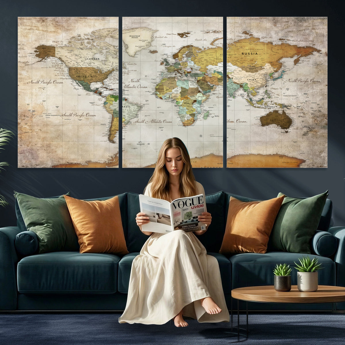86108417-MGV-CV-36X24 - World Map Wall Art Canvas Print, Modern Decorative Framed Map Artwork Prints for Living Room, Office, Bedroom Wall Decor