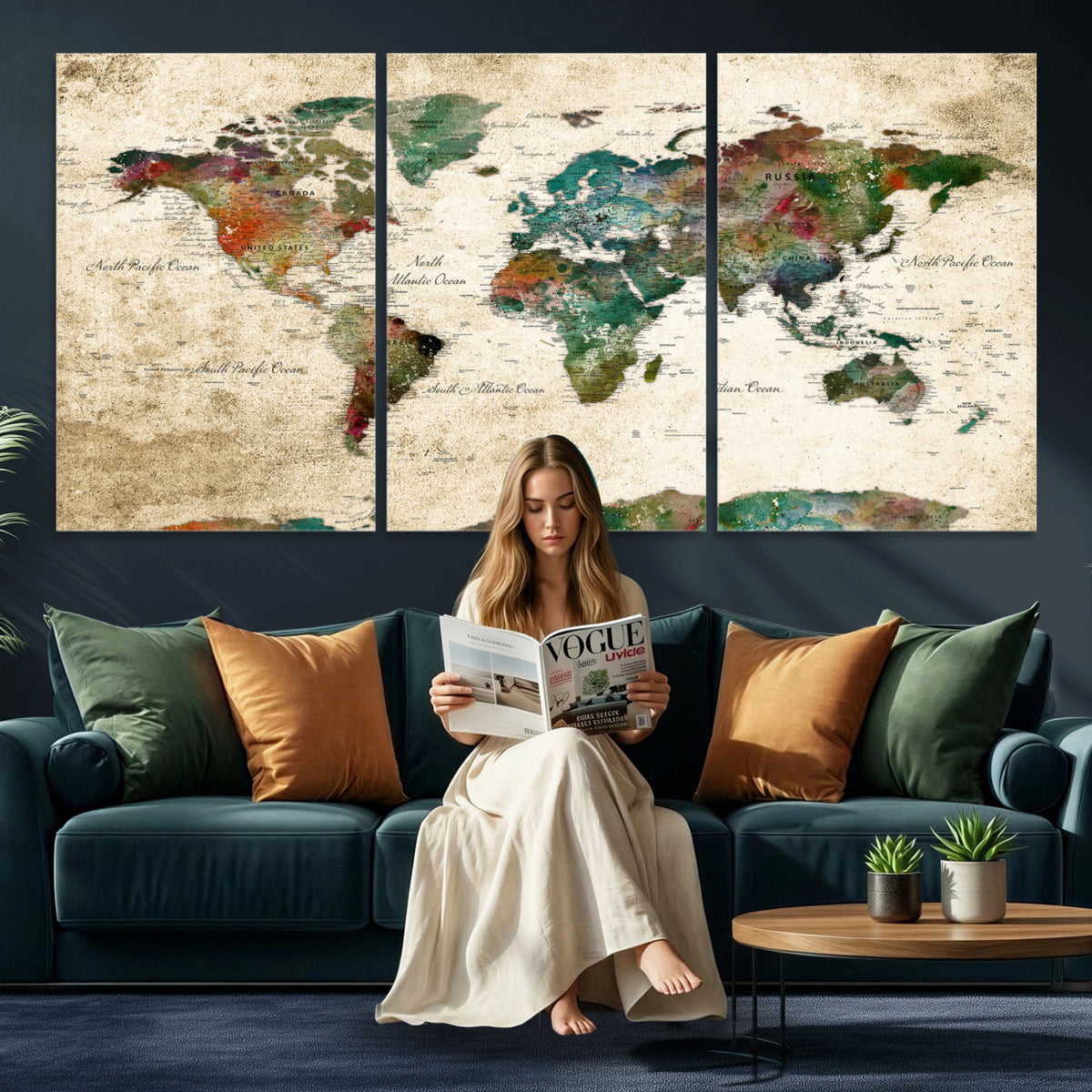 87544591-MGV-CV-36X24 - World Map Wall Art Canvas Print, Modern Decorative Framed Map Artwork Prints for Living Room, Office, Bedroom Wall Decor