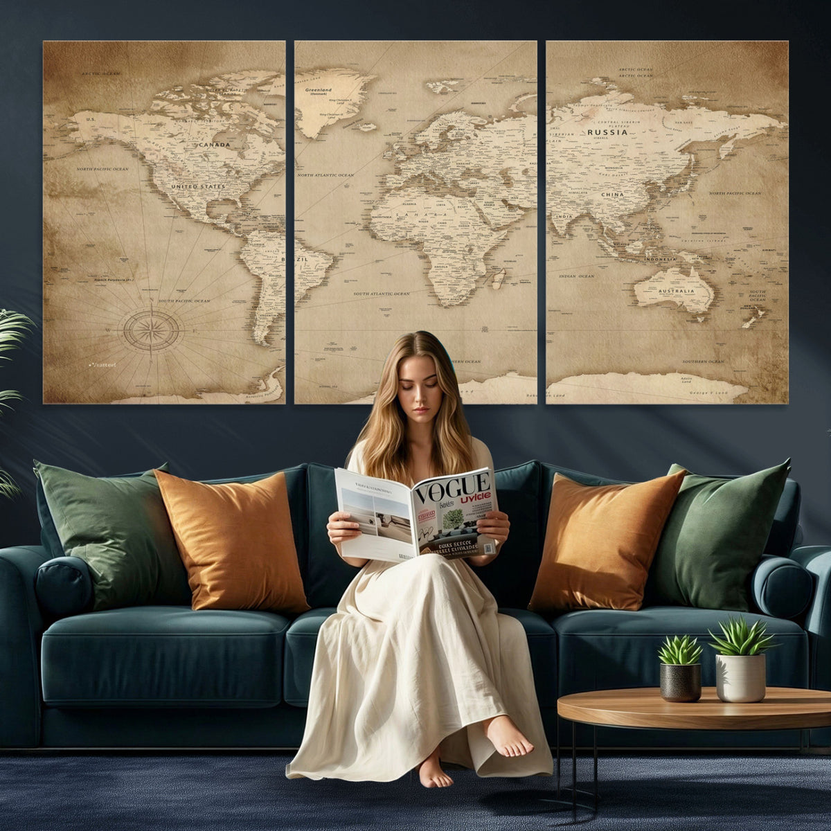 34795134-MGV-CV-36X24 - World Map Wall Art Canvas Print, Modern Decorative Framed Map Artwork Prints for Living Room, Office, Bedroom Wall Decor