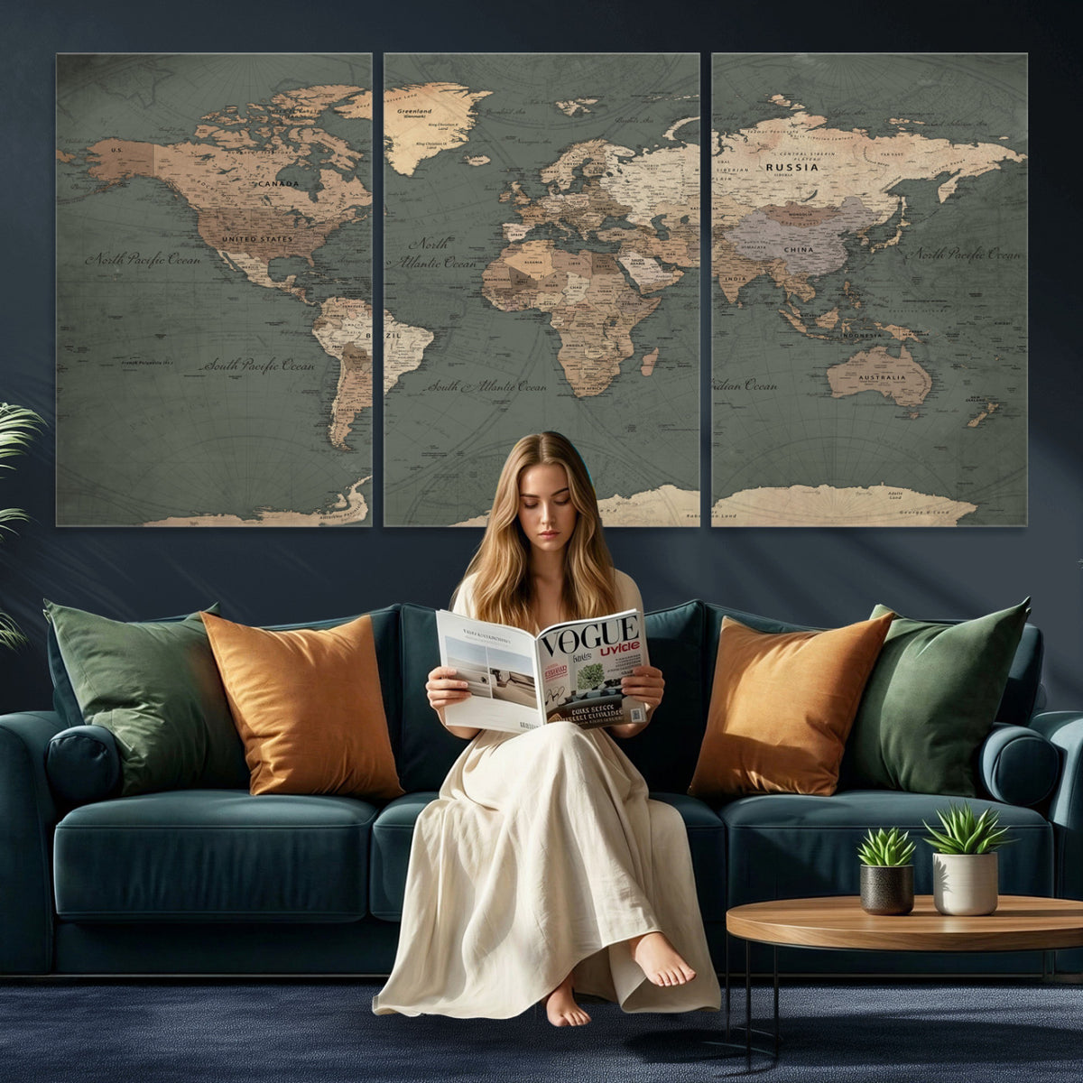84619399-MGV-CV-36X24 - World Map Wall Art Canvas Print, Modern Decorative Framed Map Artwork Prints for Living Room, Office, Bedroom Wall Decor