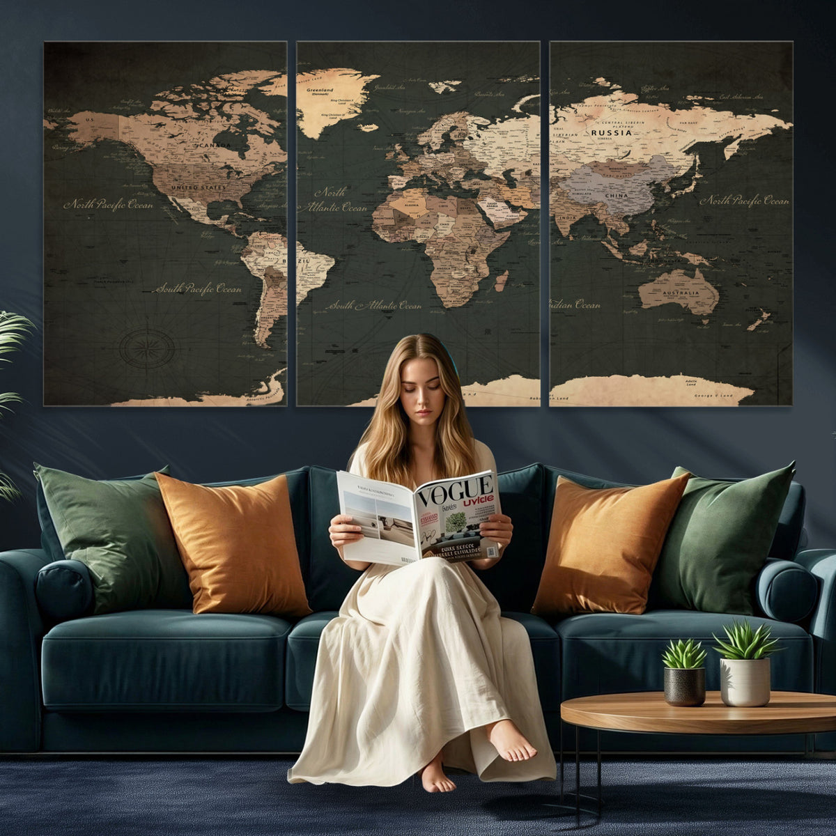 62059333-MGV-CV-36X24 - World Map Wall Art Canvas Print, Modern Decorative Framed Map Artwork Prints for Living Room, Office, Bedroom Wall Decor