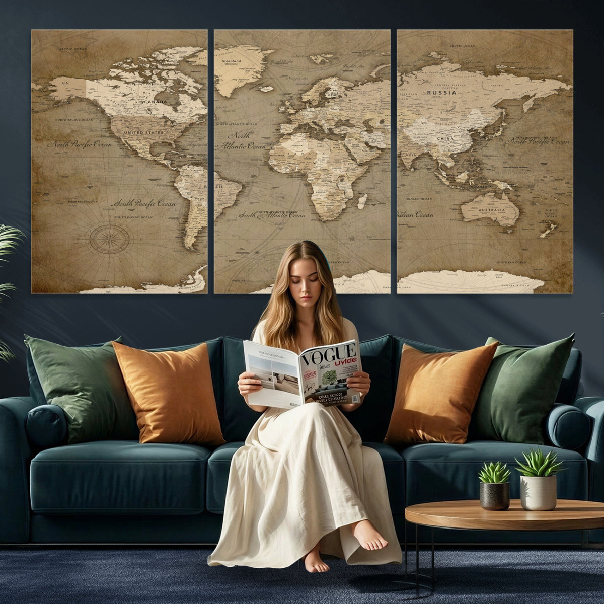 82314635-MGV-CV-36X24 - World Map Wall Art Canvas Print, Modern Decorative Framed Map Artwork Prints for Living Room, Office, Bedroom Wall Decor