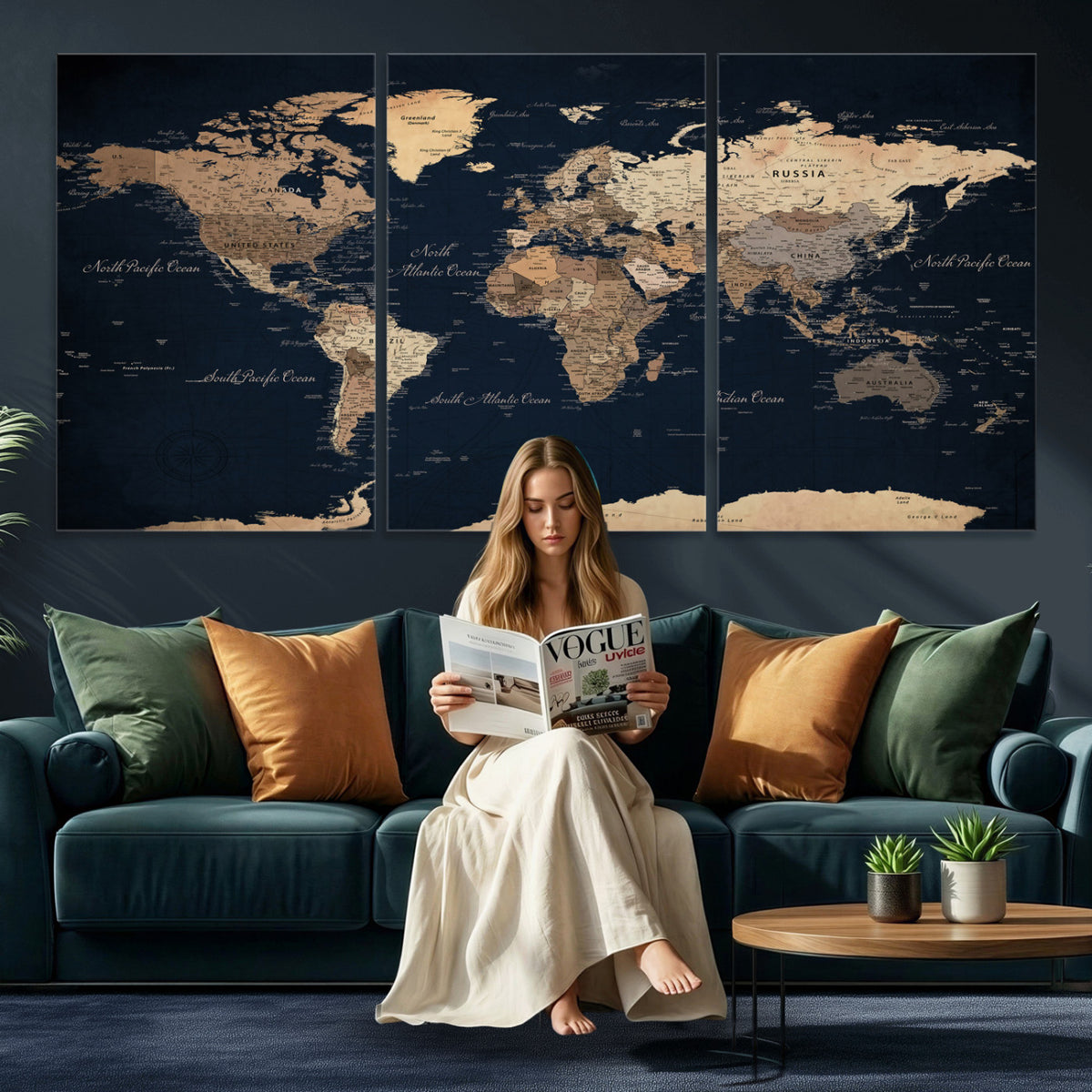 53971530-MGV-CV-36X24 - World Map Wall Art Canvas Print, Modern Decorative Framed Map Artwork Prints for Living Room, Office, Bedroom Wall Decor