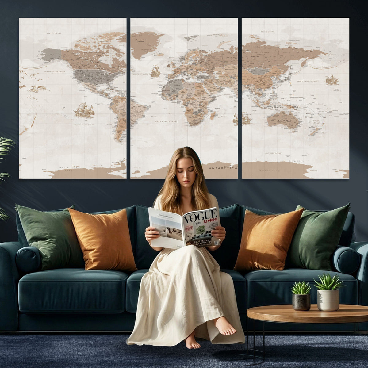 85057279-MGV-CV-36X24 - Framed Large World Map Canvas Print for Office Decor