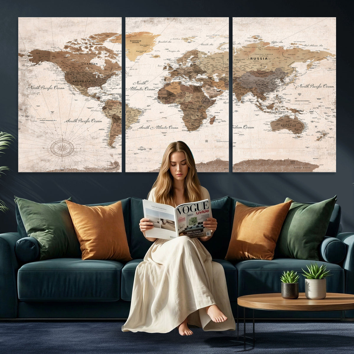 38923639-MGV-CV-36X24 - World Map Wall Art Canvas Print, Modern Decorative Framed Map Artwork Prints for Living Room, Office, Bedroom Wall Decor