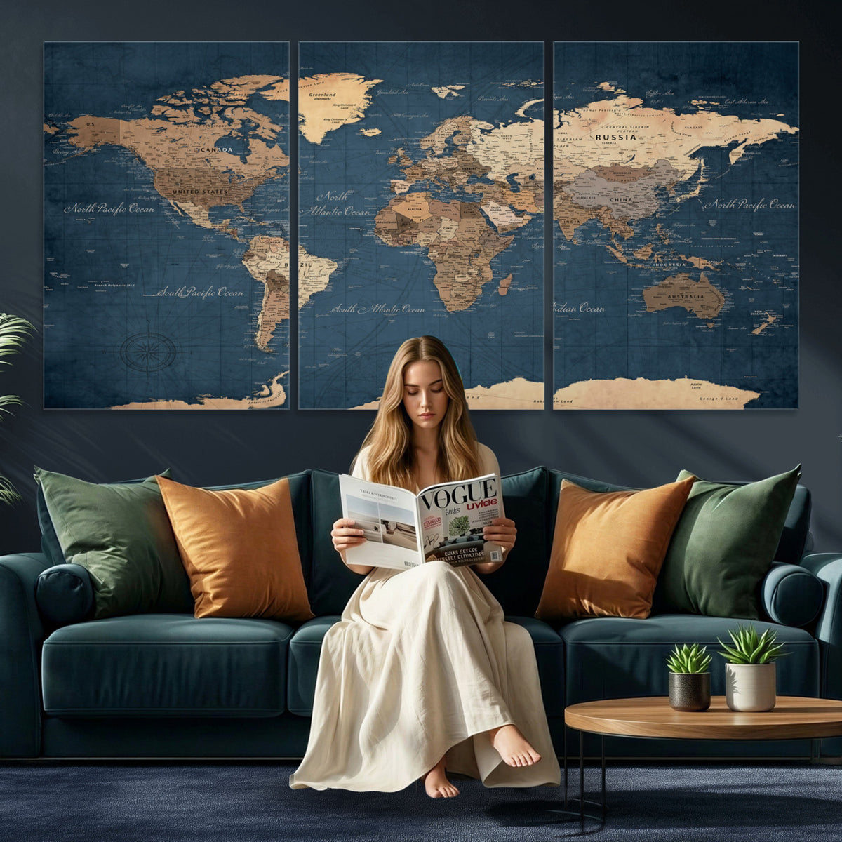 69886352-MGV-CV-36X24 - World Map Wall Art Canvas Print, Modern Decorative Framed Map Artwork Prints for Living Room, Office, Bedroom Wall Decor
