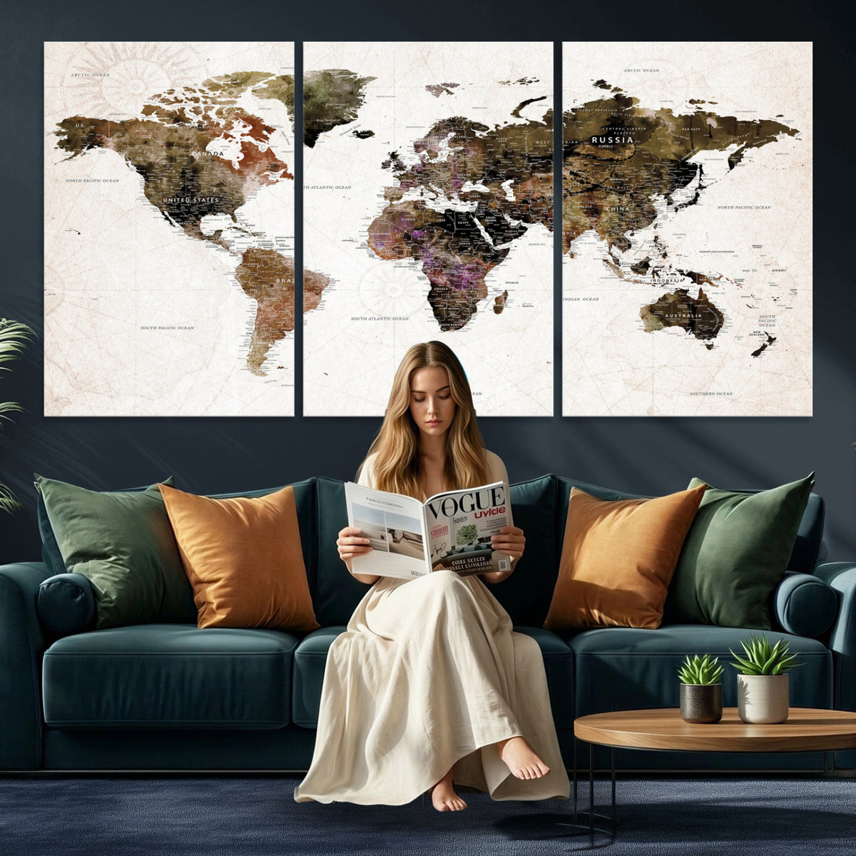 77651968-MGV-CV-36X24 - Watercolor World Map Print - Large Wall Art Canvas Print for