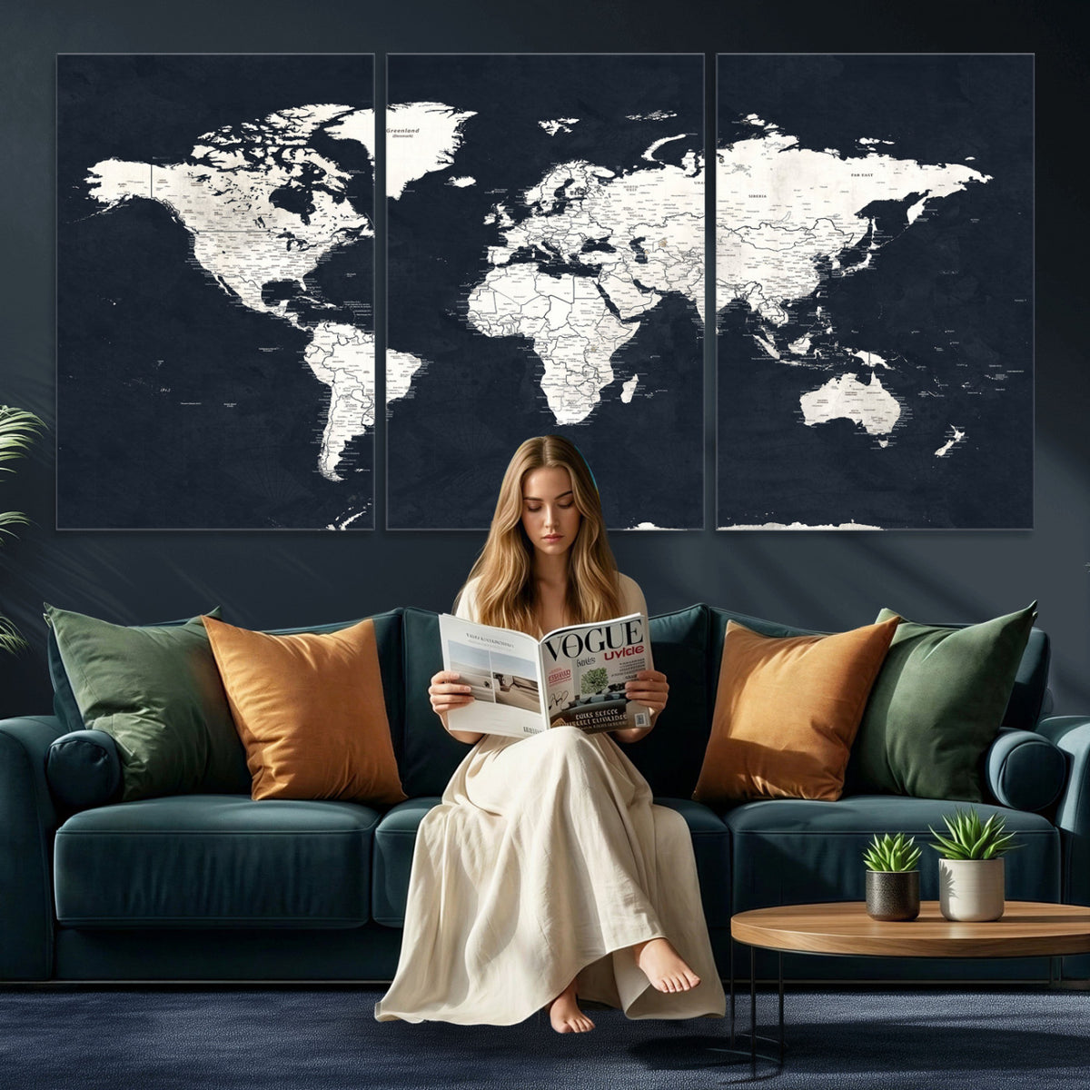 11963807-MGV-CV-36X24 - Black World Map Wall Art Canvas Print for Home Office and Meeting Room Decor