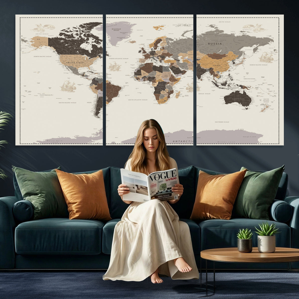 58777746-MGV-CV-36X24 - Custom Beige Modern Push Pin World Map Canvas Print, Places Visited Tracker, Bedroom and Study Decor