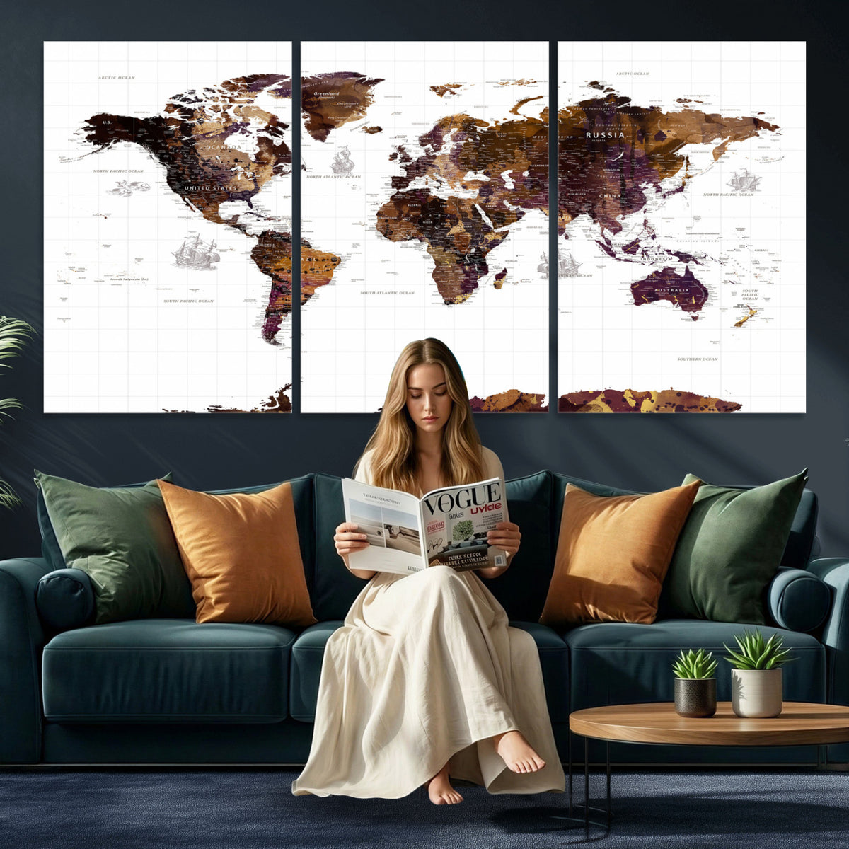 34792695-MGV-CV-36X24 - Rustic World Map Wall Art Canvas Print | Large Vintage Blue World Map on Wood Grain Style Background