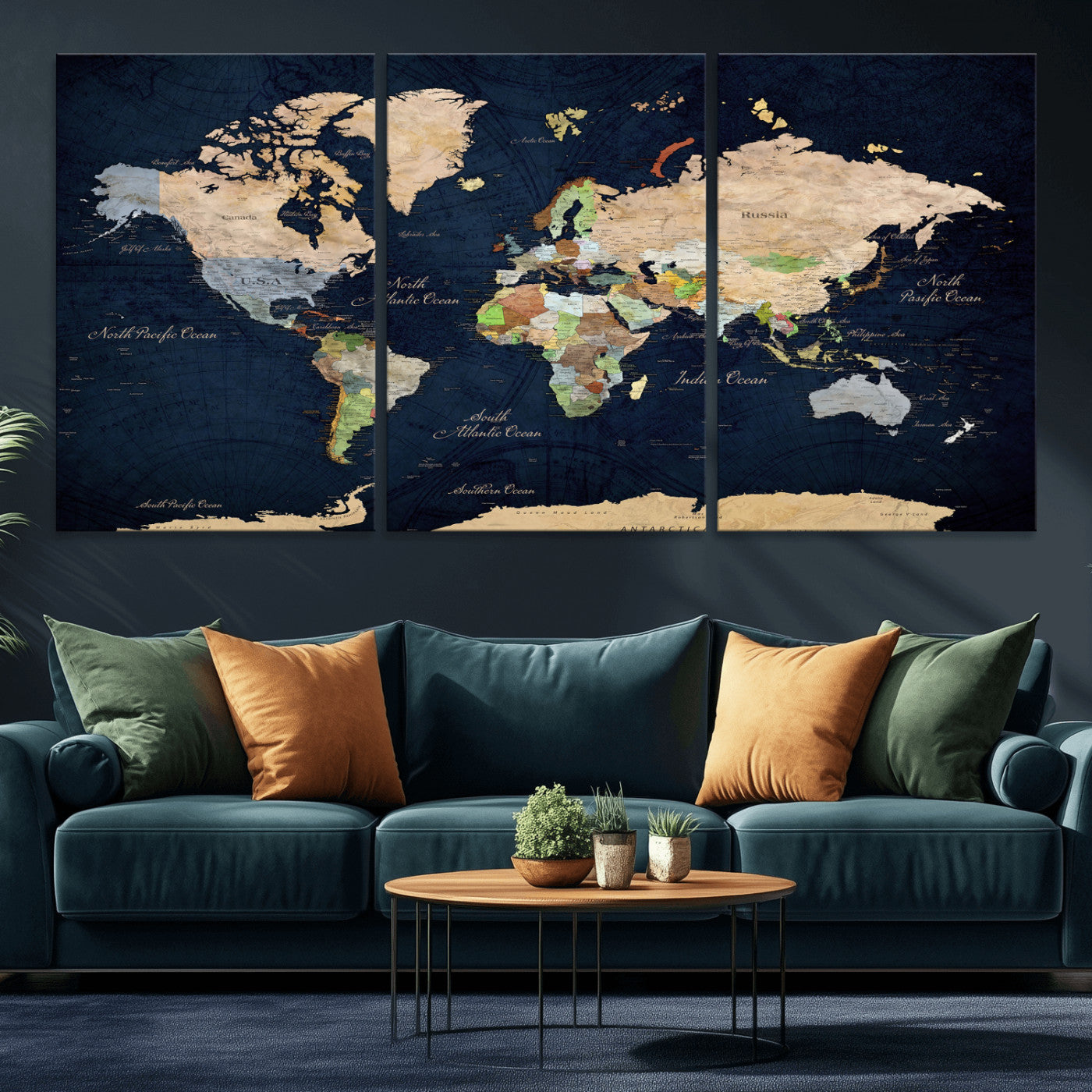 76603563-MGV-CV-36X24 - World Map Wall Art Canvas Print, Modern Decorative Framed Map Artwork Prints for Living Room, Office, Bedroom Wall Decor
