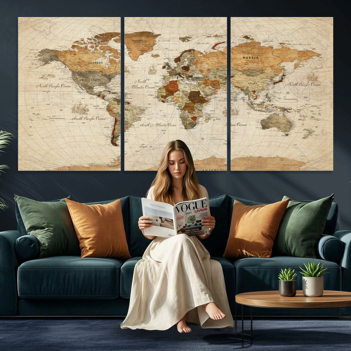 29684537-MGV-CV-36X24 - Vintage World Map Canvas Print, Framed Rustic Detailed Map of the World, Explorer Decor