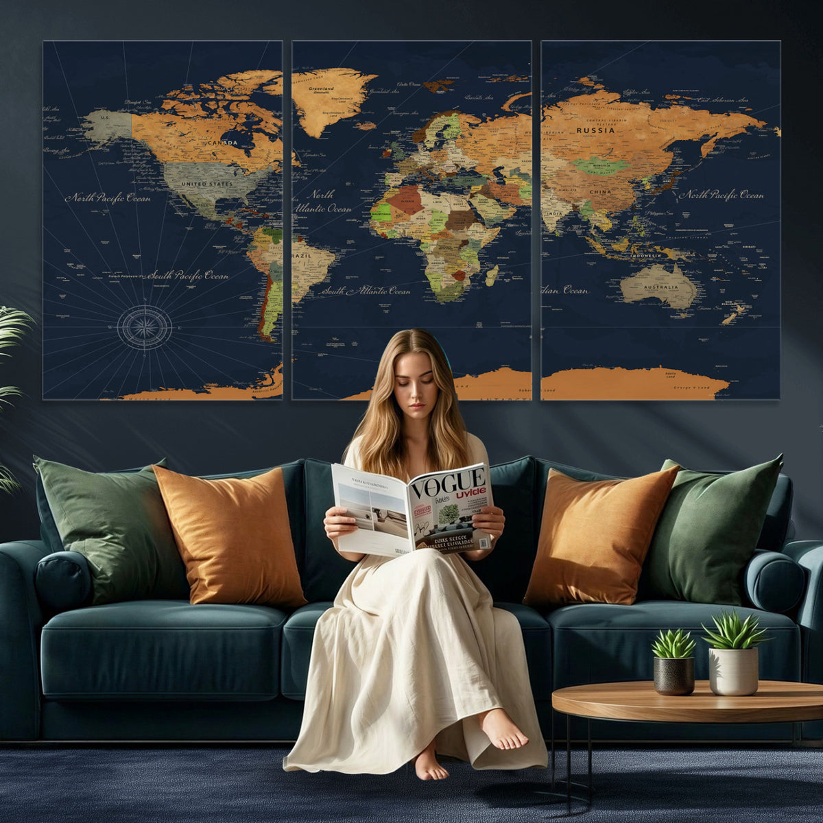 11715182-MGV-CV-36X24 - Modern World Map Canvas Print, Framed Detailed Map of the World Wall Art