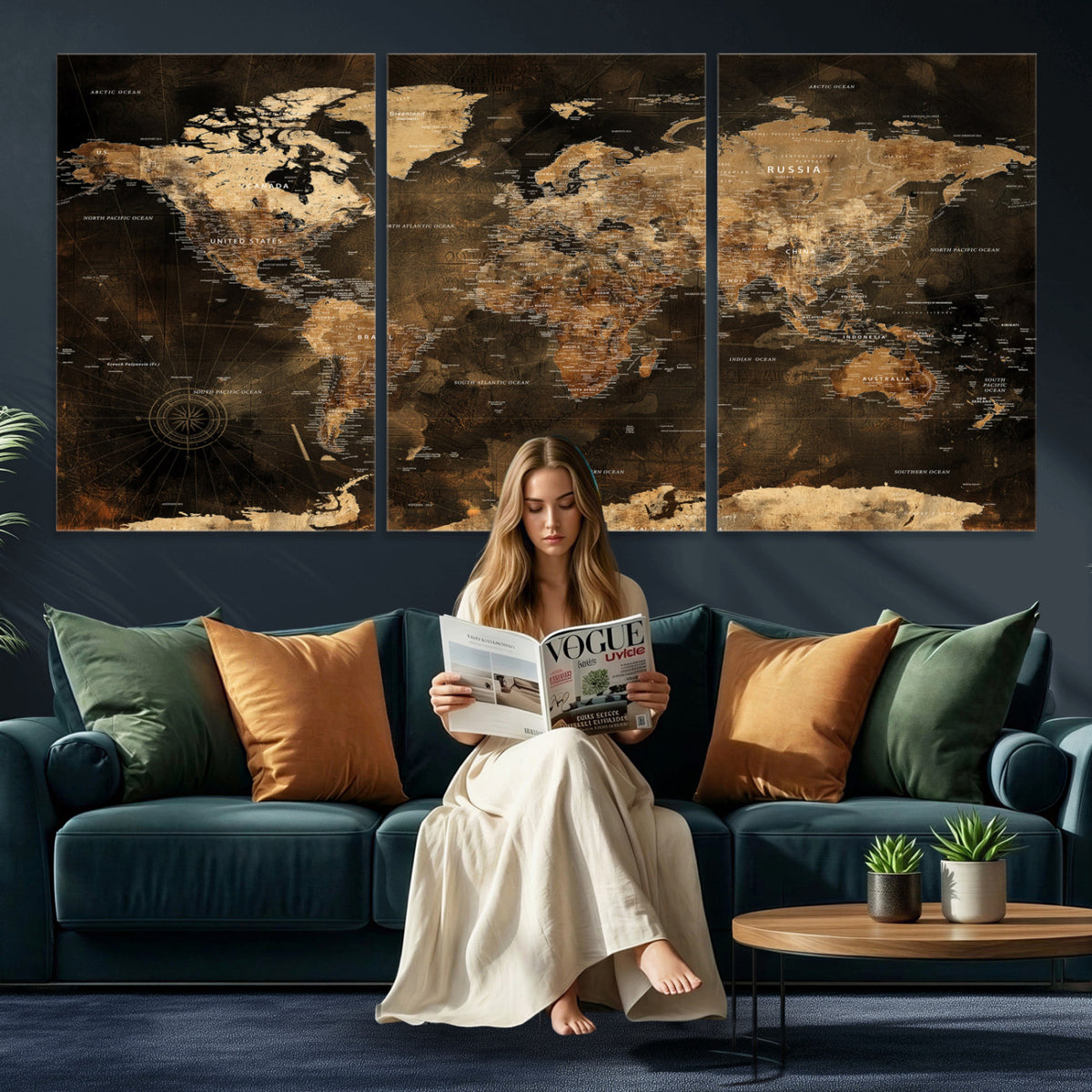 97742922-MGV-CV-36X24 - World Map Canvas Print, Modern Decorative Framed Map Artwork