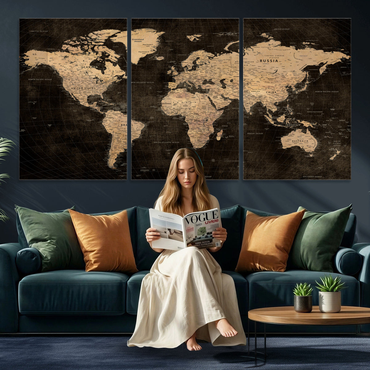 15118265-MGV-CV-36X24 - Brown World Map Canvas Print | Modern Travel Map Wall Art