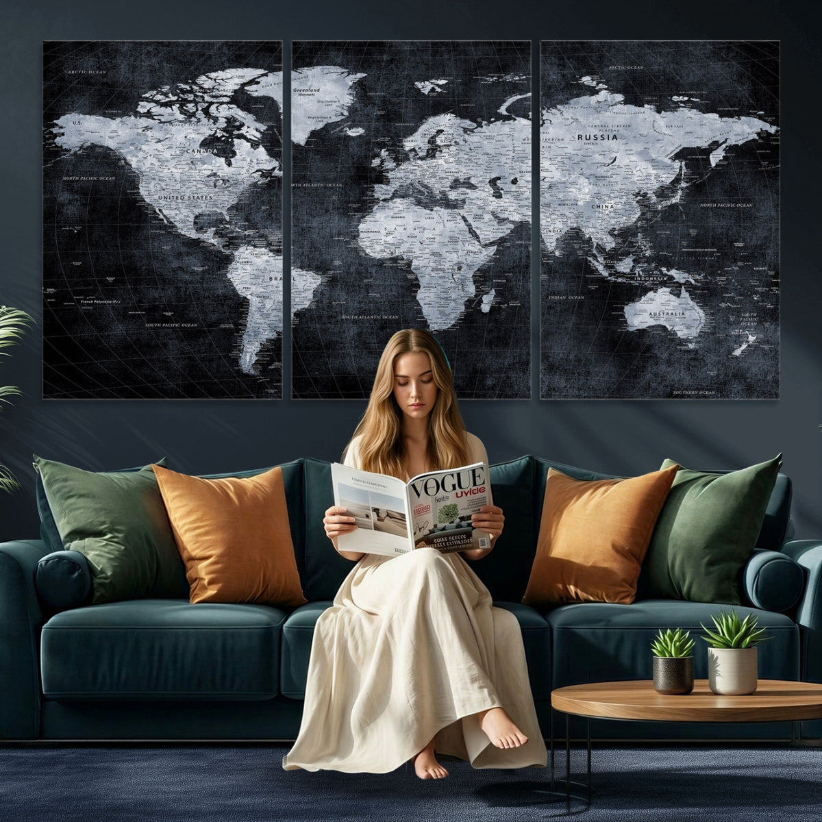 86893704-MGV-CV-36X24 - Black World Map Canvas Print | Detailed Map for Couples and Anniversary Gift