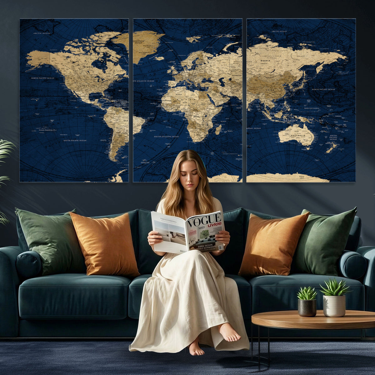 54770746-MGV-CV-36X24 - Navy Blue World Map Canvas Print – Detailed Map Minimal Navy