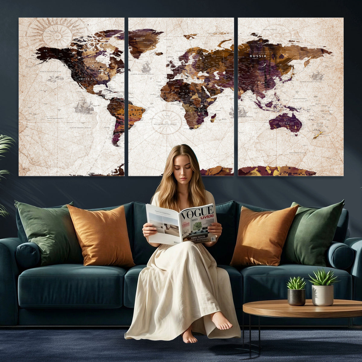 53400857-MGV-CV-36X24 - Blue Watercolor World Map Canvas Print – Framed Modern Wall