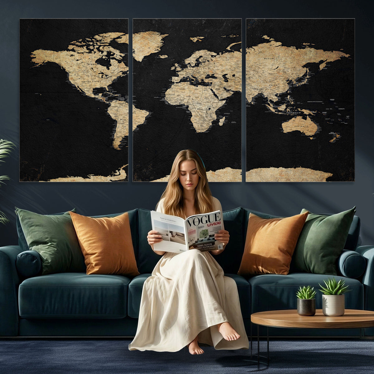 71518849-MGV-CV-36X24 - Beige World Map Canvas Wall Art Print, Minimal Black and