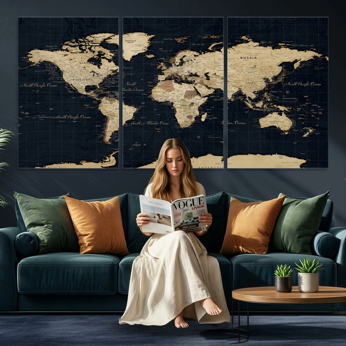 45063434-MGV-CV-36X24 - Dark World Map Canvas Wall Art Print, Minimal Black and Gold Map