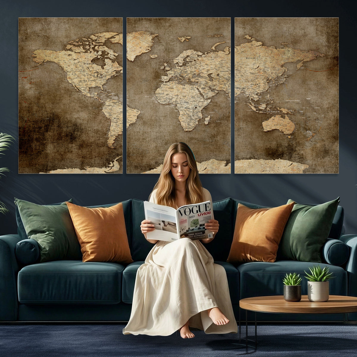 35847542-MGV-CV-36X24 - Dark Vintage World Map Canvas Wall Art Print, Antique Map