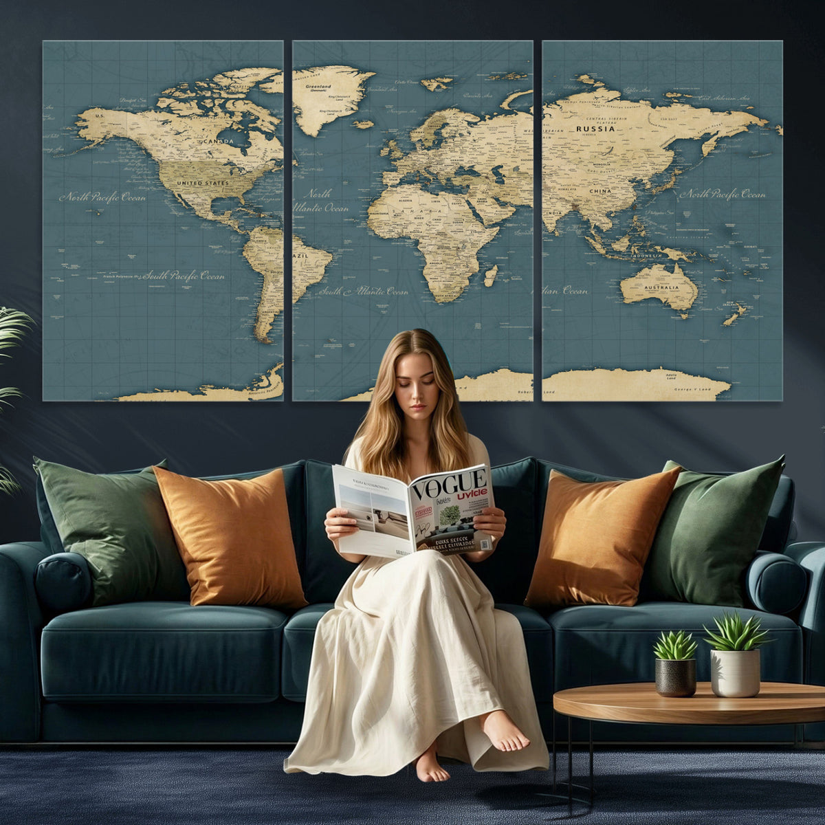 99599383-MGV-CV-36X24 - Minimal Vintage World Map Canvas Wall Art Print, Neutral