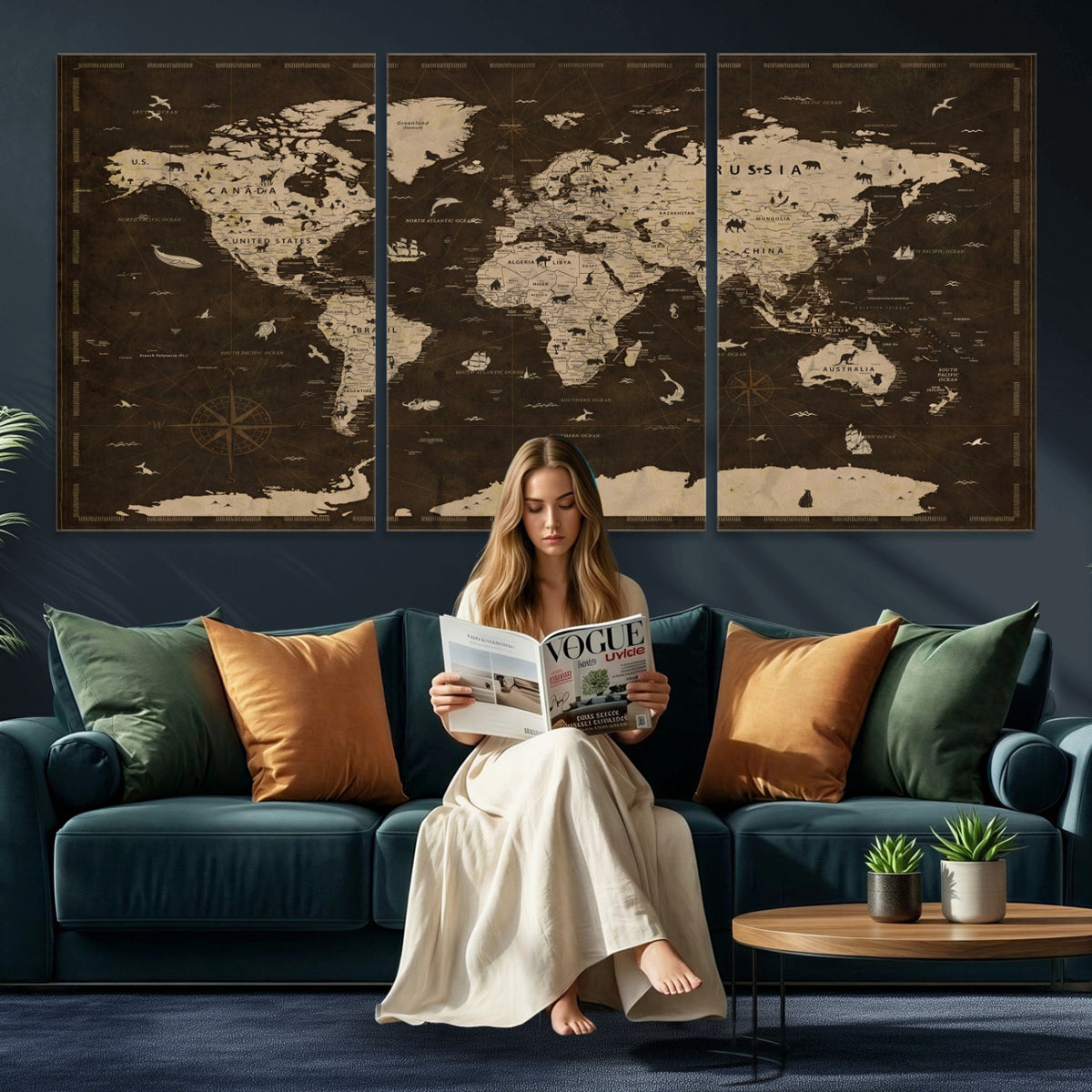 44276398-MGV-CV-36X24 - World Map Wall Art Canvas Print, Modern Decorative Framed Map Artwork Prints for Living Room, Office, Bedroom Wall Decor