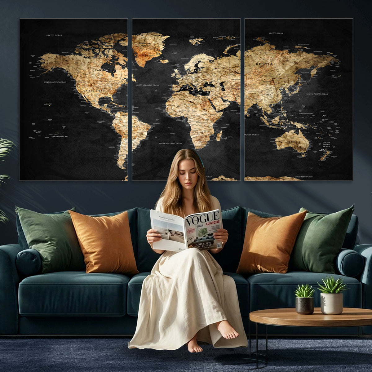 23568589-MGV-CV-36X24 - World Map Wall Art Canvas Print, Modern Decorative Framed Map Artwork Prints for Living Room, Office, Bedroom Wall Decor