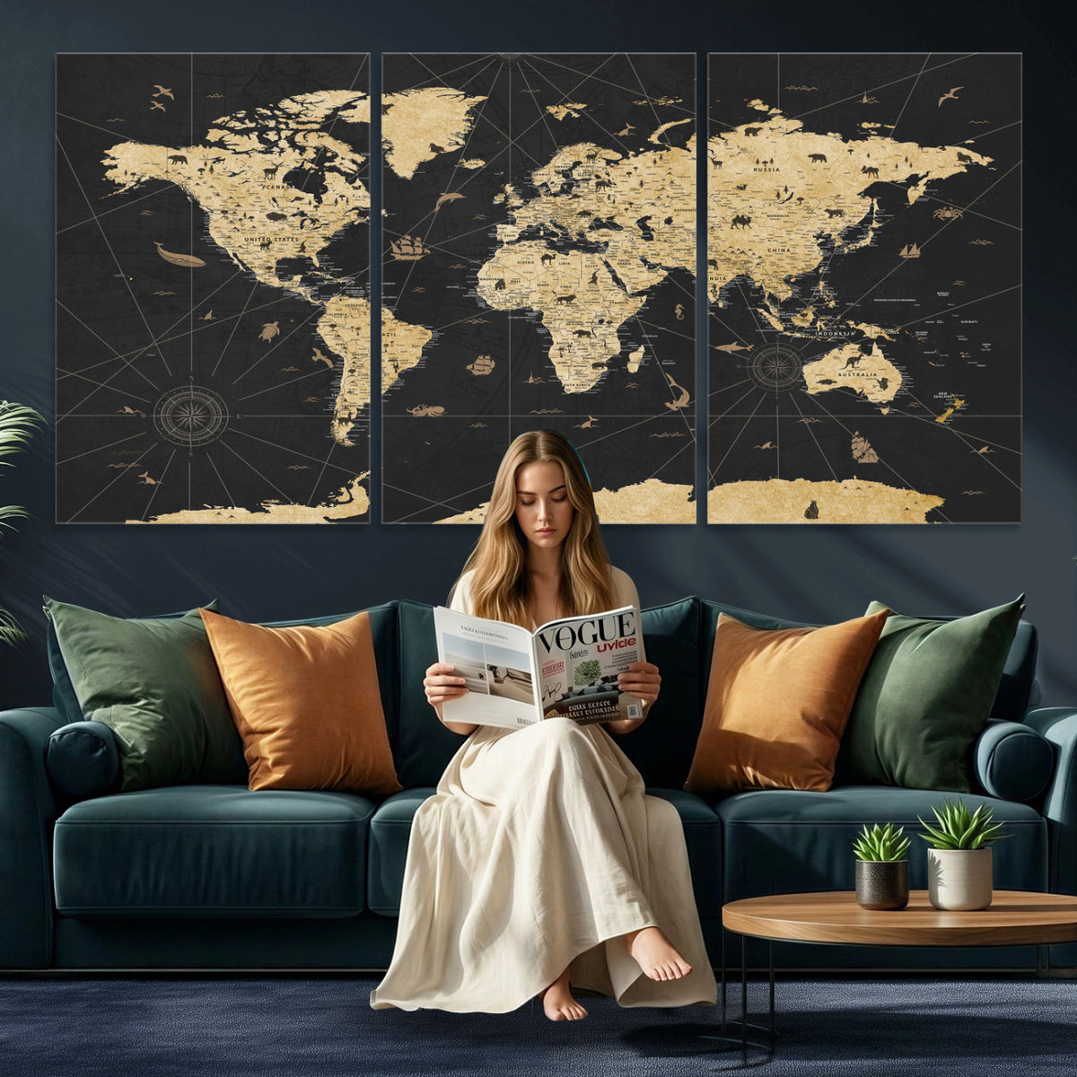 80270976-MGV-CV-36X24 - World Map Wall Art Canvas Print, Modern Decorative Framed Map Artwork Prints for Living Room, Office, Bedroom Wall Decor