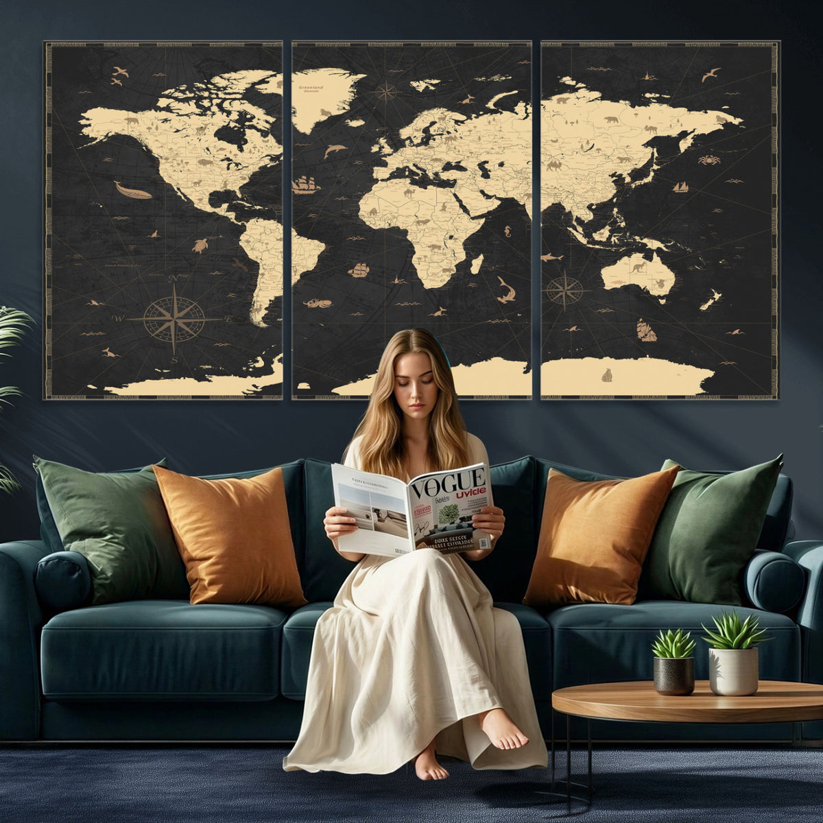 75220264-MGV-CV-36X24 - World Map Wall Art Canvas Print, Modern Decorative Framed Map Artwork Prints for Living Room, Office, Bedroom Wall Decor