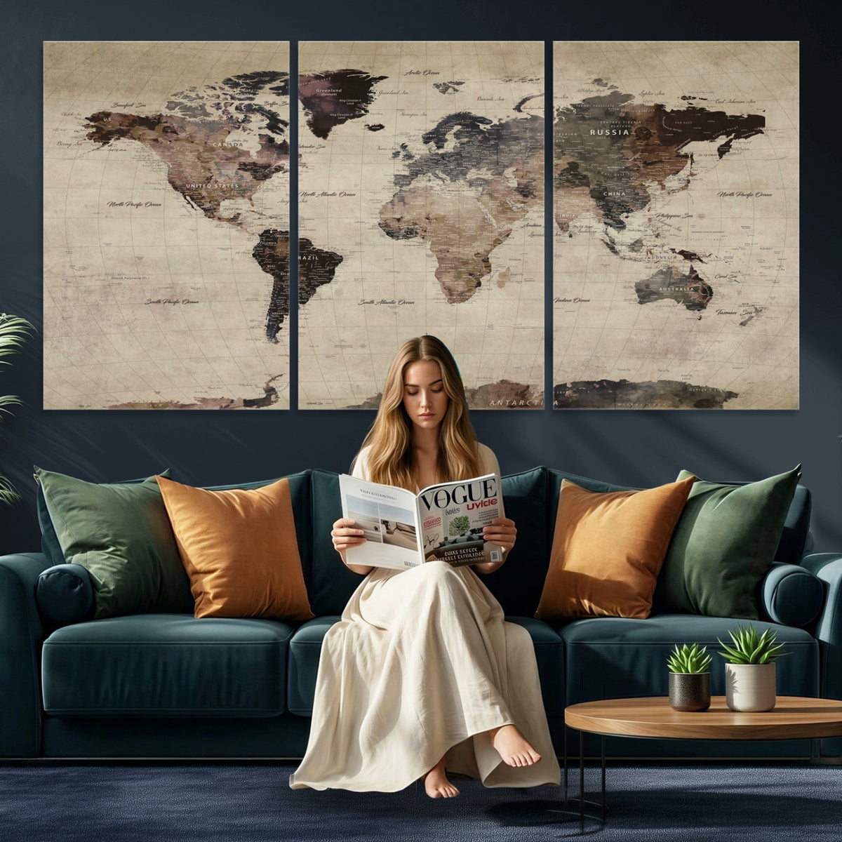 60560672-MGV-CV-36X24 - World Map Wall Art Canvas Print, Modern Decorative Framed Map Artwork Prints for Living Room, Office, Bedroom Wall Decor