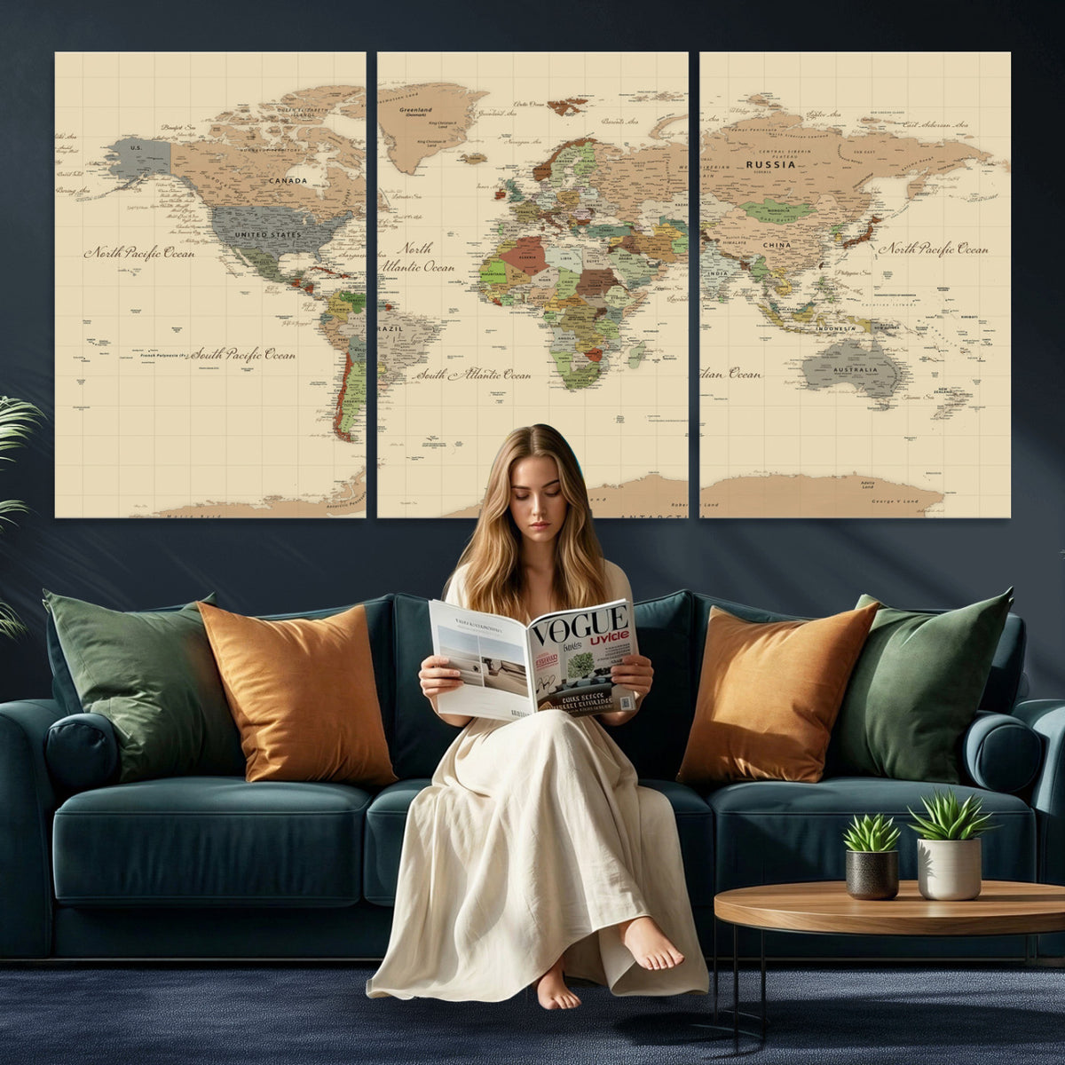 31407854-MGV-CV-36X24 - World Map Wall Art Canvas Print, Modern Decorative Framed Map Artwork Prints for Living Room, Office, Bedroom Wall Decor